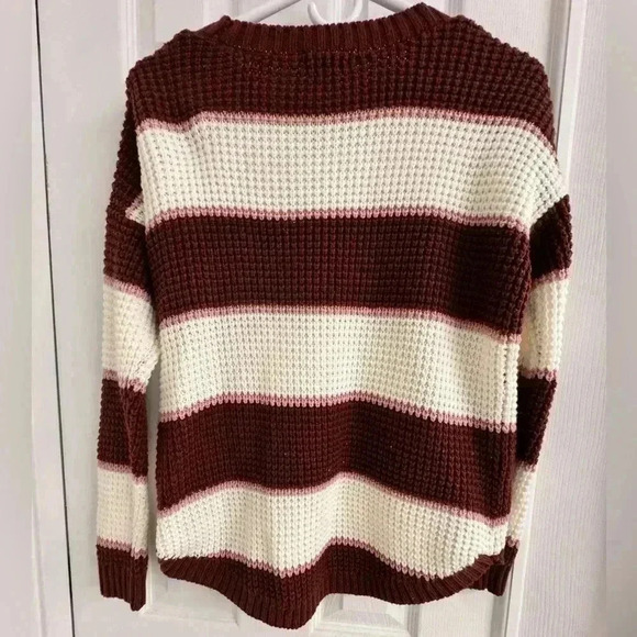 SO Women's Crew Neck Sweater - Maroon and Cream Stripes - Picture 4 of 5